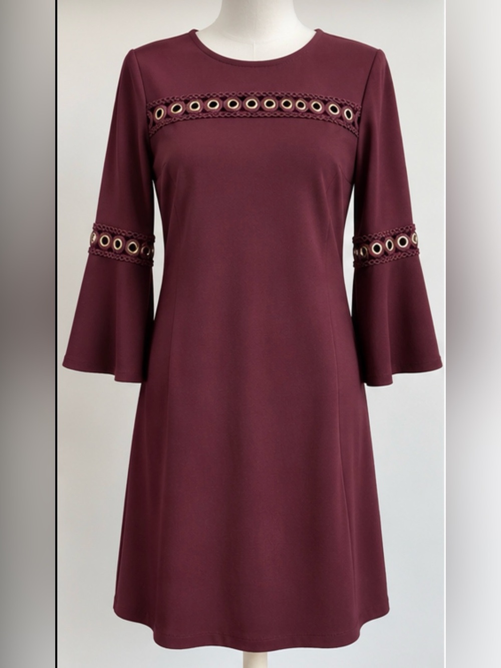 Dress Barn Burgundy Gold Eyelet Bell Sleeve Dress XS Fits S